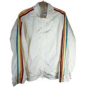 Pride Cream Windbreaker Jacket with Colorful Rainbow Stripes.